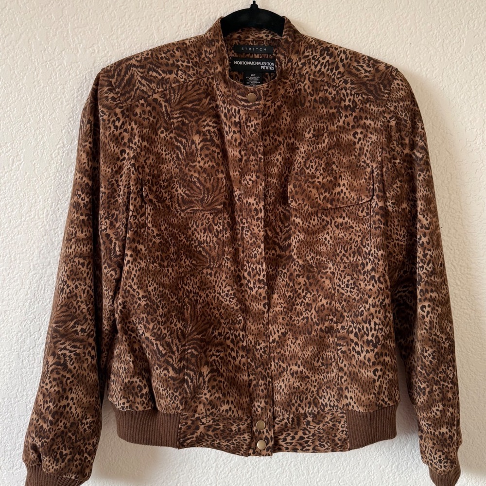 Norton McNaughton Brown Leopard Print Bomber Jacket Stretch Petites 6P Mock Neck